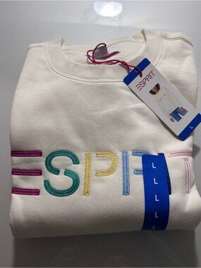 NWT Esprit Embroidered Logo Crewneck Sweatshirt Cream Retro Viral 80s Costco